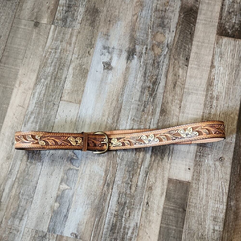 Kona Kut Brown Tooled Leather Belt S 73B 44 Larry Floral Nocona Texas‎ Western